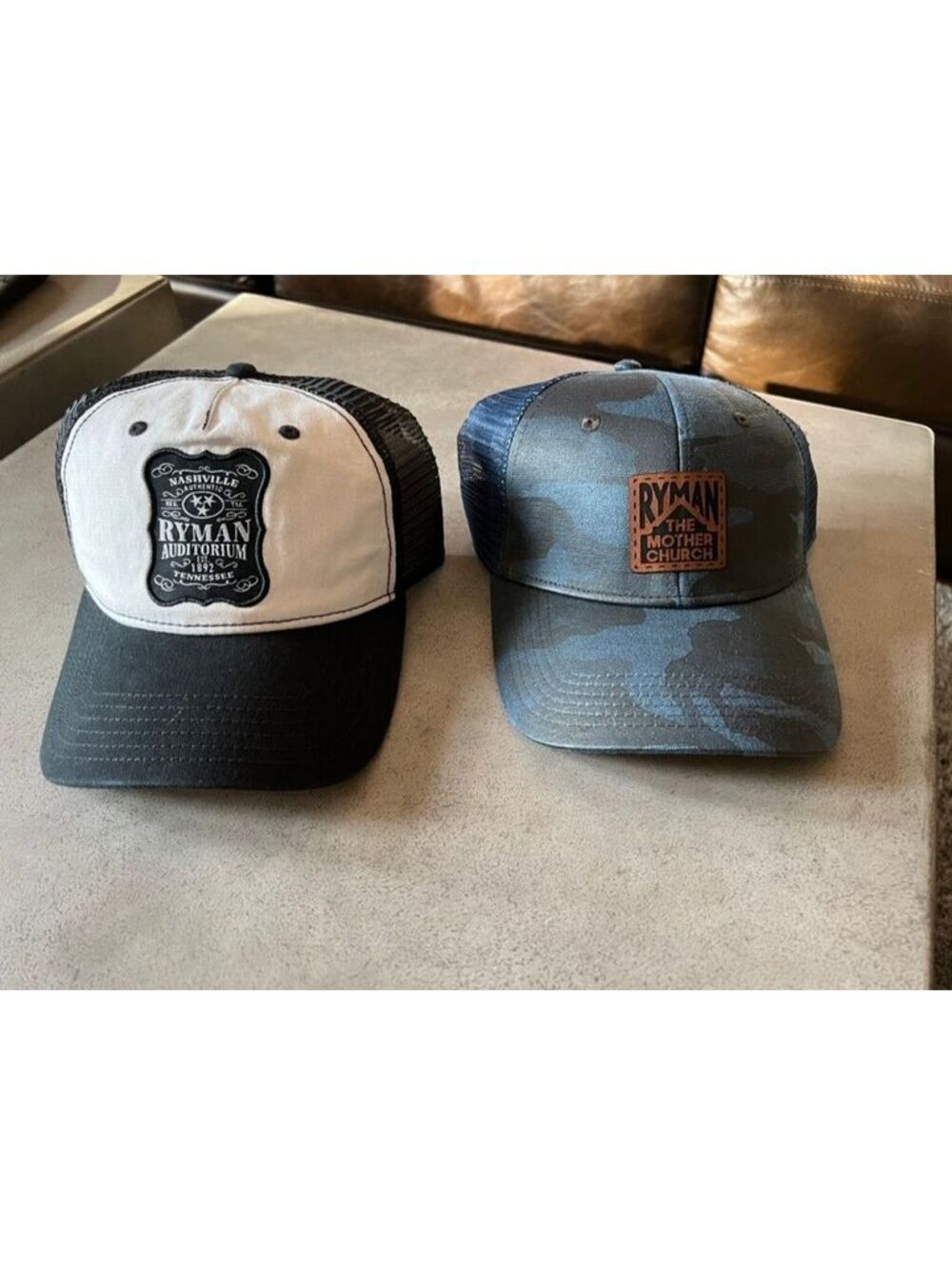 Set of 2 Ryman Auditorium Trucker Hats NEW Black & White and Blue Camo Mesh Caps